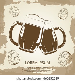 Beer mugs and hops vintage poster for beer shop. Beverage in mug banner. Vector illustration