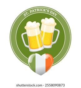 Beer mugs with Irish flag in heart shape. St. Patricks Day. Festive illustration, icon, logo