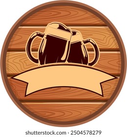 Beer mugs label on wooden barrel. Bar signboard