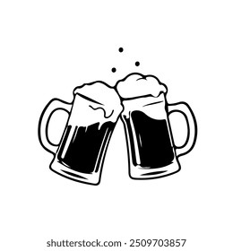 Beer Mugs Line Art Drawing. Drinks Beer Abstract Linear Silhouette on White. Glasses for Beer Modern Line Drawing for Logo Minimal Style, Label, Pub Design. Vector EPS 10