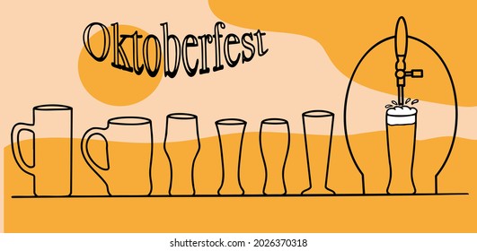 Beer mugs line up in front of the keg to chill and pour beer while waiting in line at the pub. The inscription Octoberfest. Vector color illustration. Octoberfest invitation, flyer