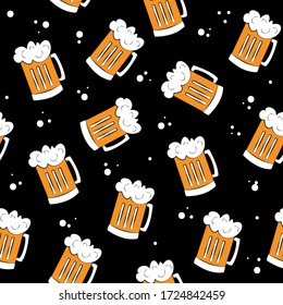 Beer Mugs On Black Background, Seamless Pattern.
Good For Wallpaper, Pub Decor, Wrapping Paper, Textile Print Design.