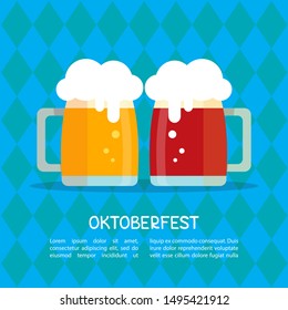 Beer mugs on blue background with stylized Bavarian flag. October beer festival in the Munich, Germany. Vector illustration. Design element for flyer, banner, leaflet or poster.