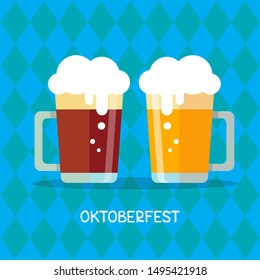 Beer mugs on blue background with stylized Bavarian flag. October beer festival in the Munich, Germany. Vector illustration. Design element for flyer, banner, leaflet or poster.