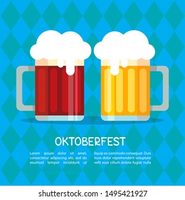 Beer mugs on blue background with stylized Bavarian flag. October beer festival in the Munich, Germany. Vector illustration. Design element for flyer, banner, leaflet or poster.