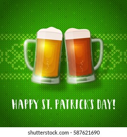 Beer mugs on a knit pattern. St. Patrick's day greeting card with hand drawn lettering and green sweater texture. Shamrock knit background.