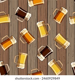 Beer mugs on a wooden background.Vector pattern with beer in mugs on a wooden background.