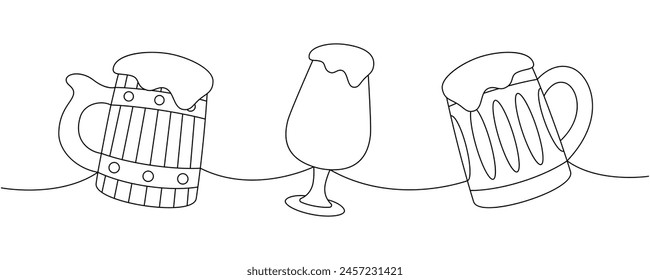 Beer mugs one line continuous drawing. Beer pub products continuous one line illustration. Vector linear illustration.