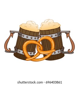 Beer mugs and pretzel mascot. Vector hand crafted  illustration for beer festival, stickers, prints, icons.