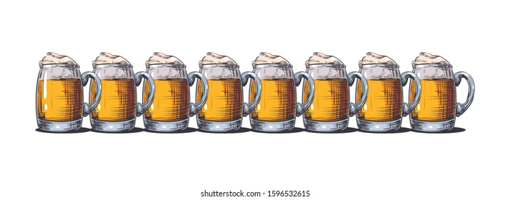Beer Mugs in a row. Malt beverage drink with a foam cap in a glass. Vintage image of Craft Beer Pints for Menu the restaurant, pub, bistro, bar. Hand drawn border, Isolated vector sketch