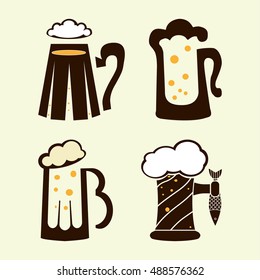 Beer mugs set. Set contains images of for different beer mugs. Sing style.