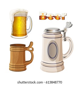 Beer mugs set isolated on white background. Glass transparent cup with foam, ancient german bavarian mug and wooden vessel for fresh light alcohol beverage drinking vector illustration