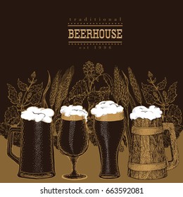 Beer mugs set. Vector illustration in sketch style. Hand drawn beer banner template. Vintage