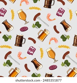 Beer mugs and snacks.Vector seamless pattern with different beer mugs, sausages and shrimp on a gray background.