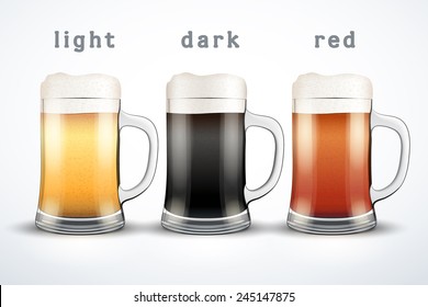 Beer mugs with three kind of beers. Lager, Porter and Ale. Vector Illustration isolated on white background.