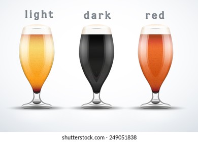 Beer mugs with three kind of beers. Lager, Porter and Ale. Vector Illustration isolated on white background.