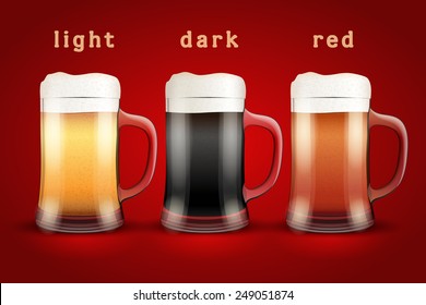 Beer mugs with three kind of beers. Lager, Porter and Ale. Vector Illustration isolated on white background.