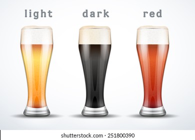 Beer mugs with three kind of beers. Lager, Porter and Ale. Vector Illustration isolated on white background.