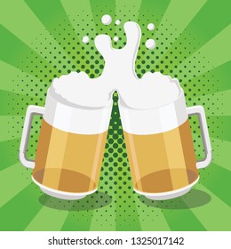 beer mugs toast or cheer, green background 