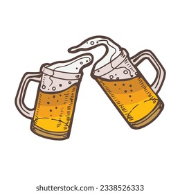 Beer Mugs. Toasting Glasses in Hand Drawn Style for for Surface Design Fliers Banners Prints Posters Cards. Vector Illustration