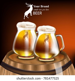 Beer mugs Vector realistic design. Mock up product packaging. Wood barrel red background illustrations