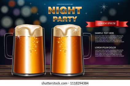 Beer mugs Vector realistic. Party flyer with drinks 3d mock up illustrations