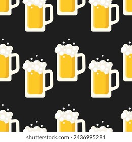 Beer mugs vector seamless pattern. Stylized elements on black background. Best for textile, wallpapers, wrapping paper, package and bar decoration.