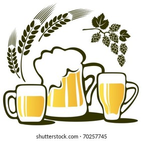 Beer mugs and wheat ear isolated on a white background.