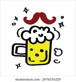 beer and a mustache illustration. Beer Day clip art vector design. doodle hand drawn elements. can be use for party, celebration and festival, greeting card, poster, banner, template. party. 