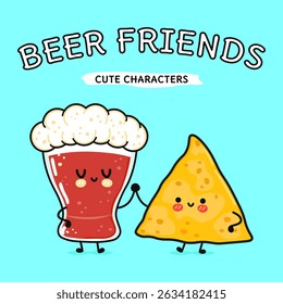 Beer and nacho cartoon characters bonding, smiling, sharing playful camaraderie while embracing culinary companionship