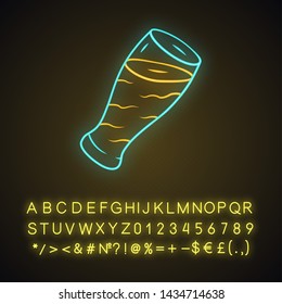 Beer neon light icon. Oktoberfest alcoholic drink. Bar, pub, restaurant beverage. Craft brewery. Non-alcoholic beer. Glowing sign with alphabet, numbers and symbols. Vector isolated illustration