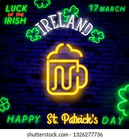 Beer neon sign, bright signboard, light banner. Beer logo, emblem. Theme St. Patrick's Day. A clover leaf on a dark background with a neon light effect for a festive decoration for St. Patrick's Day.