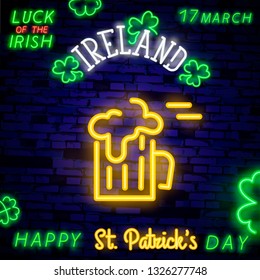 Beer neon sign, bright signboard, light banner. Beer logo, emblem. Theme St. Patrick's Day. A clover leaf on a dark background with a neon light effect for a festive decoration for St. Patrick's Day.