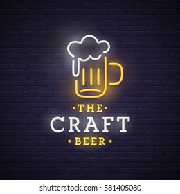 Beer neon sign, bright signboard, light banner. Beer logo, emblem