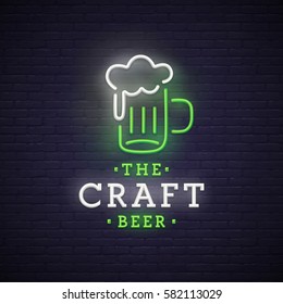 Beer neon sign, bright signboard, light banner. Beer logo, emblem. Theme St. Patrick's Day