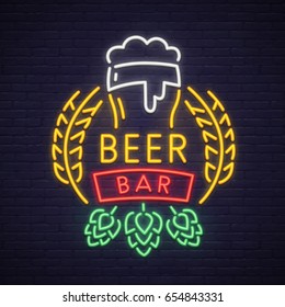 Beer neon sign, bright signboard, light banner. Beer logo, emblem