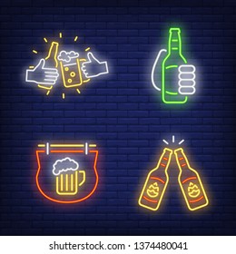 Beer neon sign set. Hand holding bottle, mug, signboard, clinking. Flyer, billboard, bright banner. Vector illustration in neon style for pubs, bars, restaurant menu