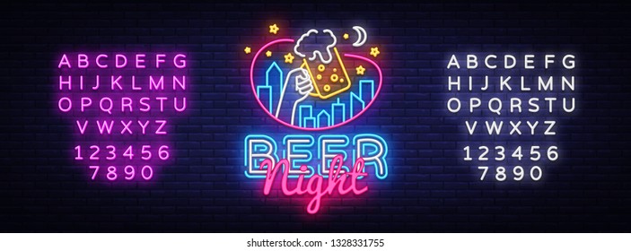 Beer neon sign vector. Beer Night Design template neon sign, light banner, neon signboard, nightly bright advertising, light inscription. Vector illustration. Editing text neon sign