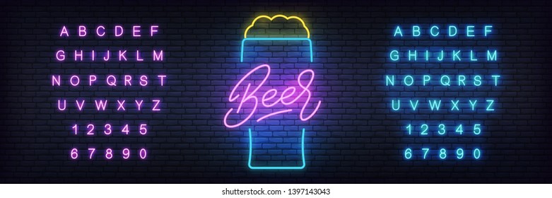 Beer neon template. Glowing lettering beer sign for bar, pub, restaurant, club.