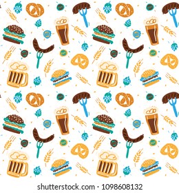 Beer objects hand drawn seamless pattern. Vector hand drawn illustration. Oktoberfest background.