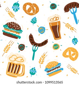 Beer objects hand drawn seamless pattern. Vector hand drawn illustration. Oktoberfest background.