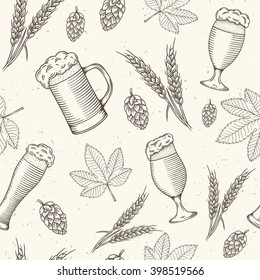 Beer objects hand drawn seamless pattern. Vector illustration.