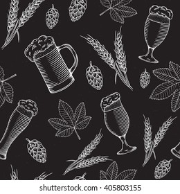 Beer objects hand drawn seamless pattern. Vector illustration.