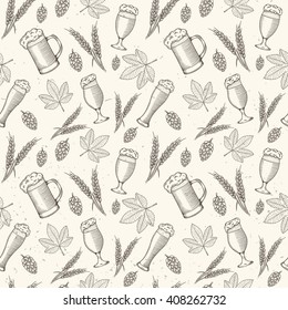 Beer Objects Hand Drawn Seamless Pattern. Vector Illustration.