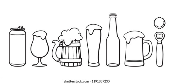 Beer objects set. Beer glasses of different shape, mug, bottle,can, opener, cap. Black and white isolated vector illustration.