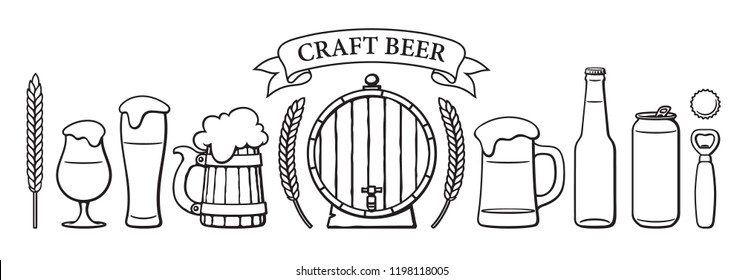 Beer objects set. Beer glasses of different shape, mugs, old wooden barrel, bottle, can, opener, cap, barley, wheat, ribbon banner with text Craft Beer. Black and white isolated vector illustration.