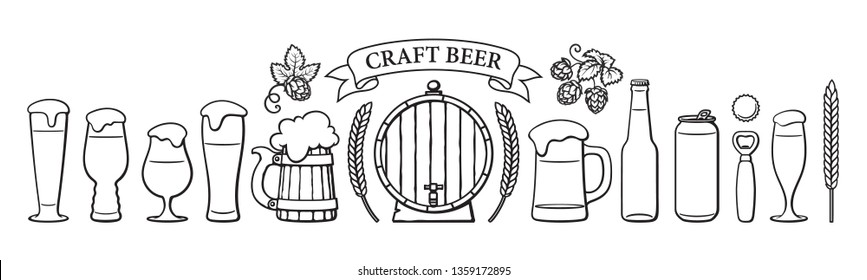 Beer objects set. Beer glasses of different shape, mugs, old wooden barrel, bottle, can, opener, cap, barley, wheat, ribbon banner with text Craft Beer. Black and white isolated vector illustration.