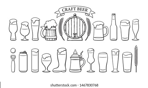 Beer objects set. Beer glasses of different shape, mugs, old wooden barrel, bottle, can, opener, cap, barley, wheat, ribbon banner with text Craft Beer. Black and white isolated vector illustration.