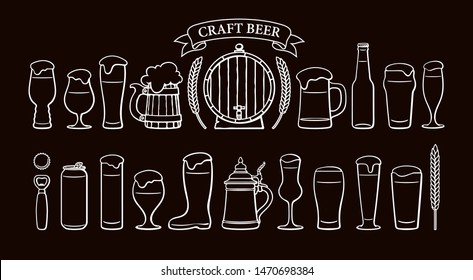 Beer objects set isolated on black backgound. Beer glasses of different shape, mugs, wooden barrel, bottle, can, opener, cap, barley, wheat, ribbon banner with text Craft Beer. Vector illustration.