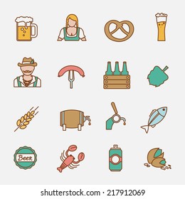 Beer Oktoberfest icons flat line set with wheat ear lobster fish isolated vector illustration